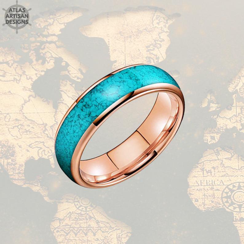 Turquoise Ring Mens Wedding Band Tungsten Ring Rose Gold Wedding Band - Atlas Artisan Designs