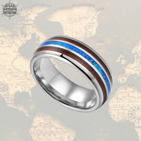 Image of 8mm Silver Mens Ring Opal Wedding Band Wood Tungsten Ring