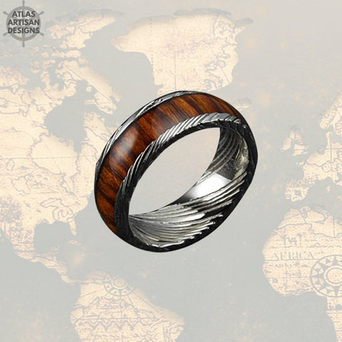 Koa Wood & Damascus Ring, 8mm Damascus Steel Ring Koa Wood Ring Mens Wedding Band - Atlas Artisan Designs