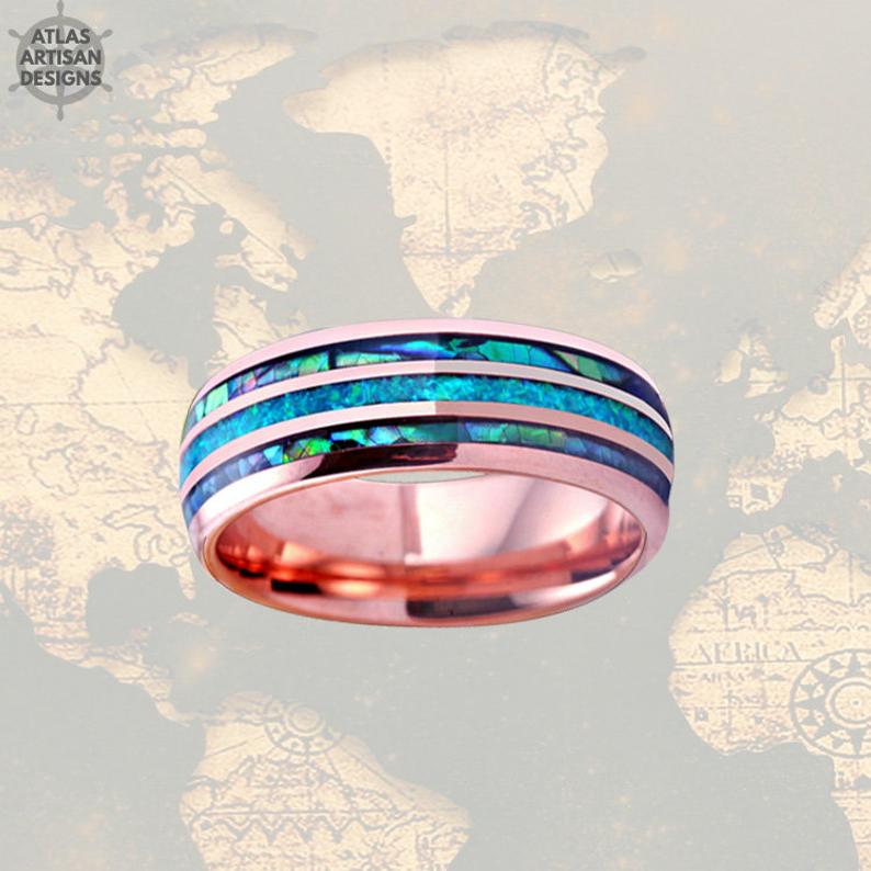 Rose Gold Ring Mens Wedding Band - Abalone Tungsten Ring - Atlas Artisan Designs