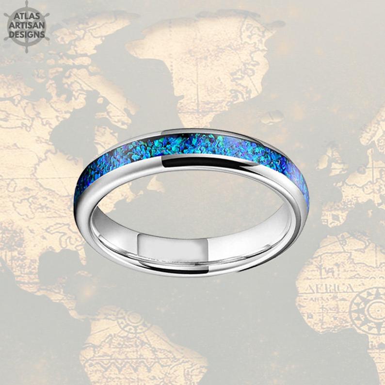 4mm Silver Tungsten Ring Blue Opal Wedding Band Womens Ring