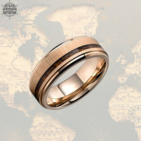 Image of Rose Gold Ring Mens Wedding Band Wood Ring, 8mm Rose Gold Wedding Band Mens Ring Offset Koa Wood Inlay Ring, Wood Wedding Band Tungsten Ring - Atlas Artisan Designs