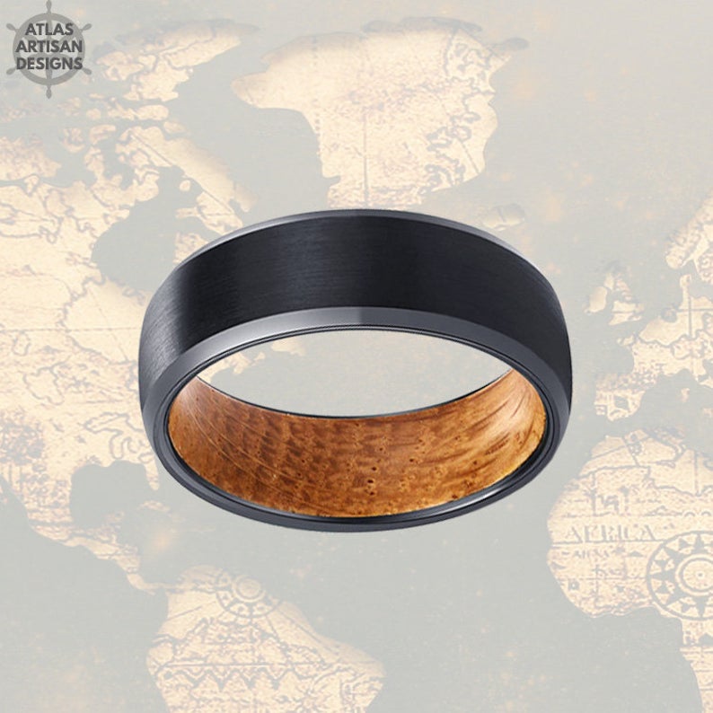 8mm Whisky Wood Ring Mens Wedding Band Tungsten Ring, Whiskey Barrel Ring 8mm Mens Wedding Ring, Black Wooden Ring Bourbon Barrel Mens Ring - Atlas Artisan Designs