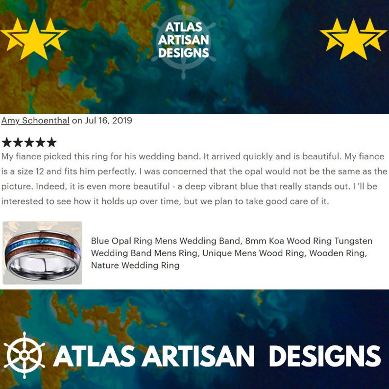 Koa Wood Ring Mens Wedding Band Tungsten Ring, Turquoise Wedding Band Mens Ring, Mens Turquoise Ring Blue Tungsten Ring Nature Wedding Ring - Atlas Artisan Designs