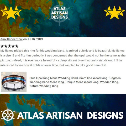 Image of Koa Wood Ring Mens Wedding Band Tungsten Ring, Turquoise Wedding Band Mens Ring, Mens Turquoise Ring Blue Tungsten Ring Nature Wedding Ring - Atlas Artisan Designs