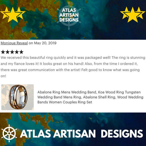 Koa Wood & Damascus Ring, 8mm Damascus Steel Ring Koa Wood Ring Mens Wedding Band - Atlas Artisan Designs