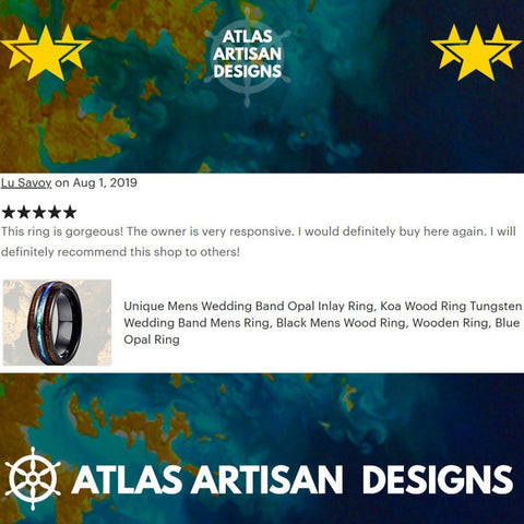 Image of Black Opal & Wood Ring, 8mm Koa Wood Ring Mens Wedding Band Tungsten Ring Black Mens Ring - Atlas Artisan Designs