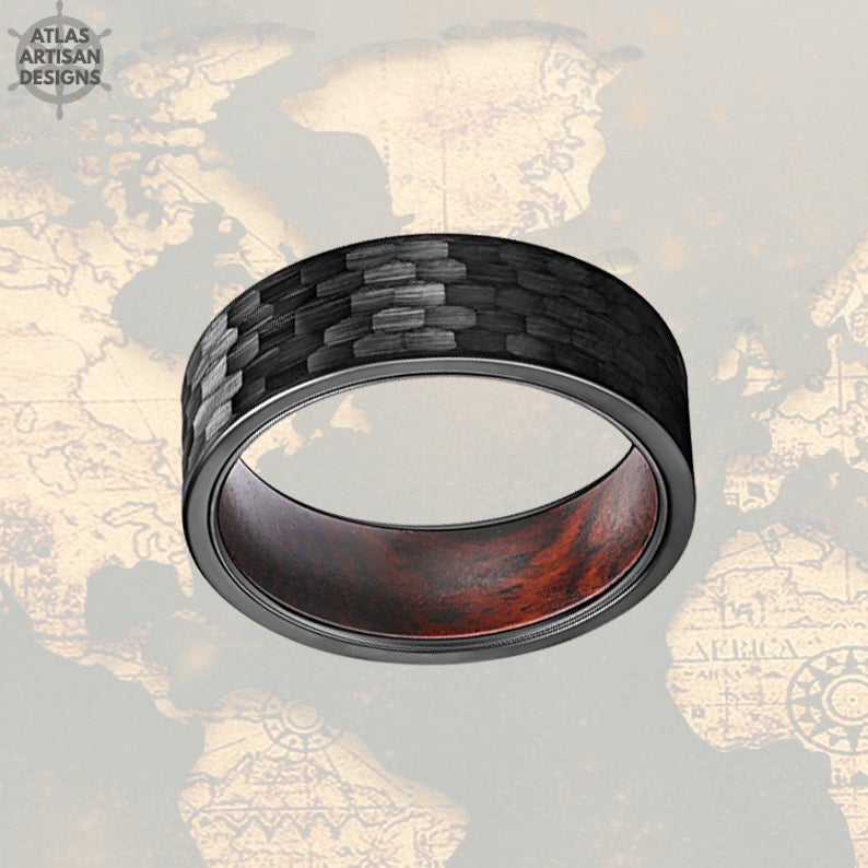 8mm Hammered Ring Mens Wedding Band Wood Ring Black Tungsten Ring - Atlas Artisan Designs