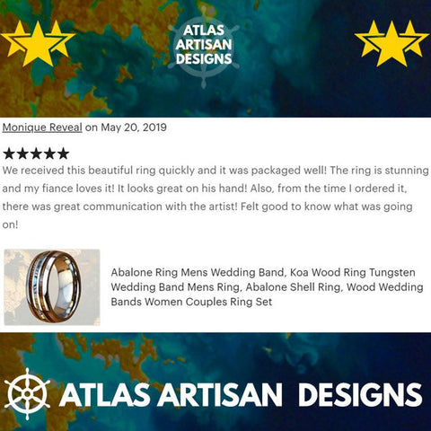 Image of Rose Gold Mother of Pearl Ring, 8mm Koa Wood Ring Mens Wedding Band Rose Gold Ring - Atlas Artisan Designs