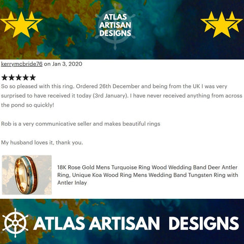 Rose Gold Ring Mens Wedding Band - Abalone Tungsten Ring - Atlas Artisan Designs