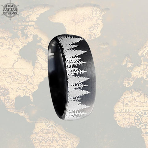 Image of 6mm Black Ring Tungsten Wedding Bands Womens Ring, Forest Tree Ring Womens Wedding Band Tungsten Ring Unique Couples Ring Set Promise Ring
