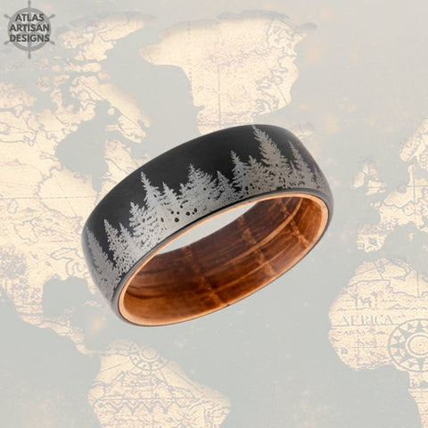 Image of 6mm Tree Ring Tungsten Wedding Bands Womens Ring Black Whiskey Barrel Ring Tungsten Ring Womens Wedding Band Nature Rings Couples Ring Set