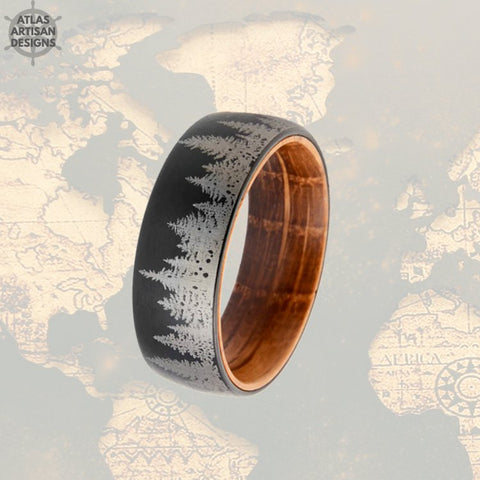 Image of 6mm Tree Ring Tungsten Wedding Bands Womens Ring Black Whiskey Barrel Ring Tungsten Ring Womens Wedding Band Nature Rings Couples Ring Set