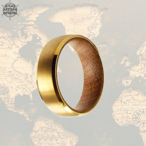 Image of 6mm Yellow Gold Ring Mens Wedding Band Whiskey Barrel Ring, Thin Tungsten Ring Wood Wedding Bands Womens Ring Bourbon Wood Rings Couples Set