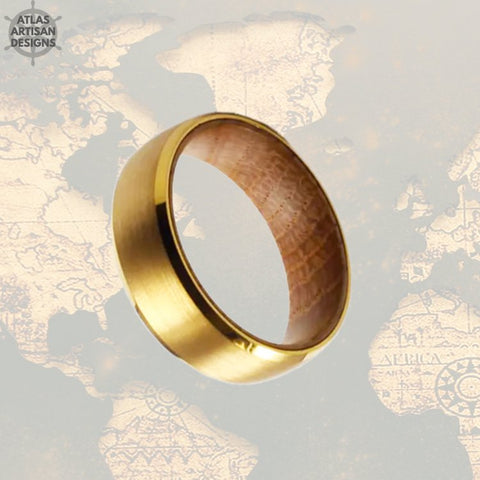Image of 6mm Yellow Gold Ring Mens Wedding Band Whiskey Barrel Ring, Thin Tungsten Ring Wood Wedding Bands Womens Ring Bourbon Wood Rings Couples Set
