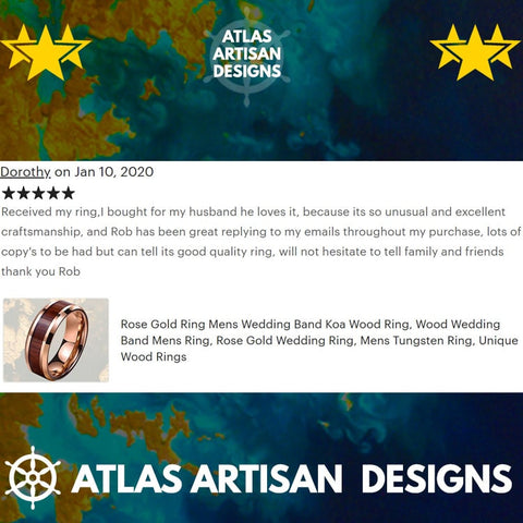 Image of 8mm Koa Wood Ring Mens Wedding Band Abalone Ring, Tungsten Wedding Band Mens Ring Abalone Shell Ring Unique Wedding Bands Women Black Ring - Atlas Artisan Designs
