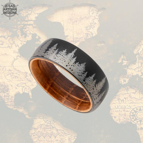 Image of 8mm Black Whiskey Barrel Ring Mens Wedding Band Forest Tree Ring Wood Wedding Band Tungsten Ring Wooden Rings for Men Promise Ring