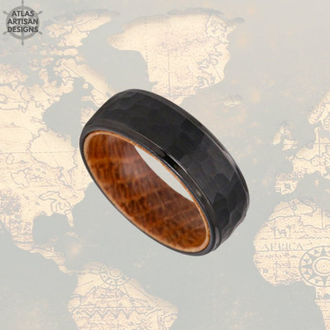 Image of Black Whiskey Barrel Ring Mens Wedding Band Hammered Ring, Wood Ring Hammered Wedding Band Tungsten Ring Step Edges 8mm Wooden Rings for Men