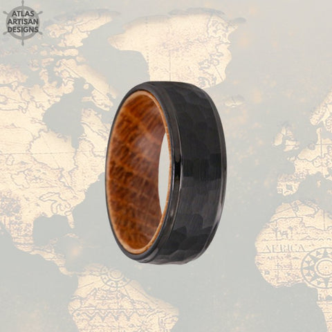 Image of Black Whiskey Barrel Ring Mens Wedding Band Hammered Ring, Wood Ring Hammered Wedding Band Tungsten Ring Step Edges 8mm Wooden Rings for Men