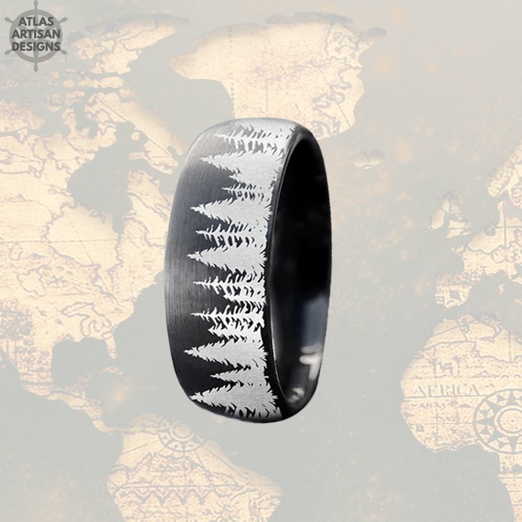 8mm Tree Ring Mens Wedding Band Tungsten Ring, Black Ring Tungsten Wedding Band Mens Ring Unique Promise Rings for Men Nature Ring