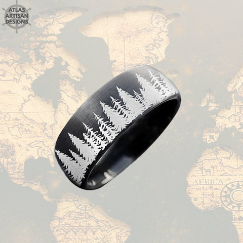 Image of 8mm Tree Ring Mens Wedding Band Tungsten Ring, Black Ring Tungsten Wedding Band Mens Ring Unique Promise Rings for Men Nature Ring
