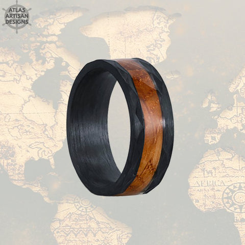 Image of Black Whiskey Barrel Ring Mens Wedding Band Wood Ring, Hammered Ring Tungsten Wedding Band Mens Ring, Bourbon Barrel Hammered Wedding Band