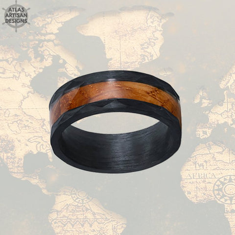 Image of Black Whiskey Barrel Ring Mens Wedding Band Wood Ring, Hammered Ring Tungsten Wedding Band Mens Ring, Bourbon Barrel Hammered Wedding Band