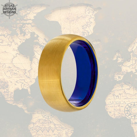 Image of 14K Yellow Gold Ring Mens Wedding Band Tungsten Ring, Blue Ring Gold Wedding Band Mens Ring, 8mm Unique Rings for Men