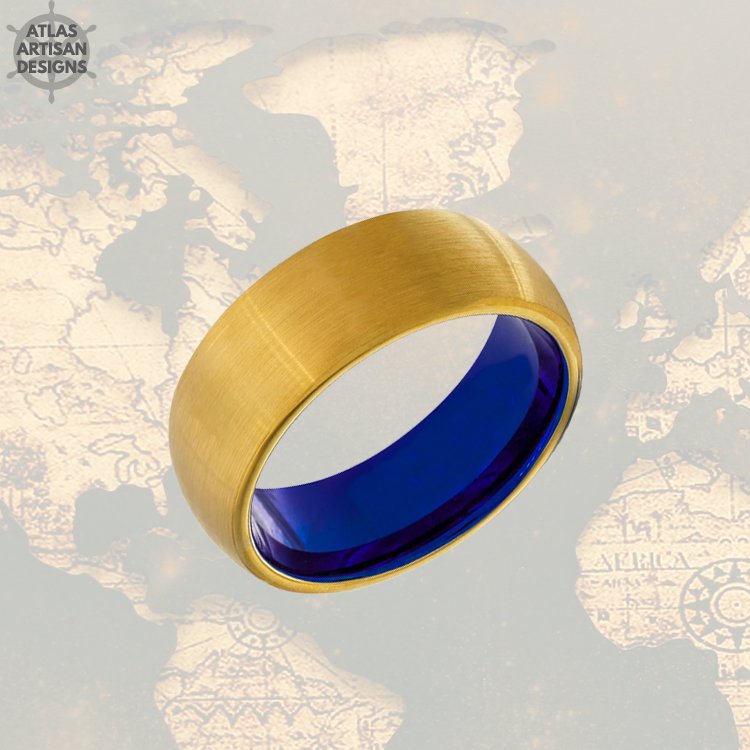 14K Yellow Gold Ring Mens Wedding Band Tungsten Ring, Blue Ring Gold Wedding Band Mens Ring, 8mm Unique Rings for Men