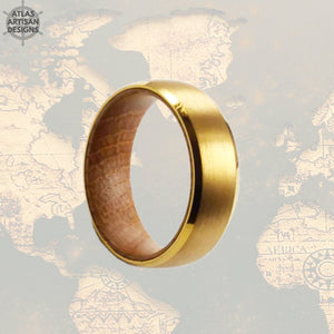 8mm Gold Whiskey Barrel Ring Mens Wedding Band Tungsten Ring, 14K Gold Ring Tungsten Wedding Band Mens Ring Gold Wedding Band Wood Ring