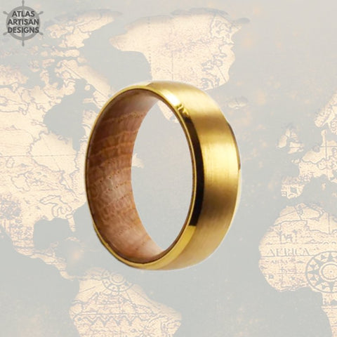 Image of 8mm Gold Whiskey Barrel Ring Mens Wedding Band Tungsten Ring, 14K Gold Ring Tungsten Wedding Band Mens Ring Gold Wedding Band Wood Ring