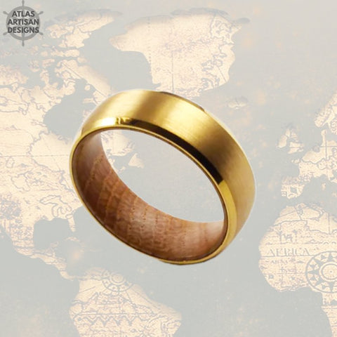 Image of 8mm Gold Whiskey Barrel Ring Mens Wedding Band Tungsten Ring, 14K Gold Ring Tungsten Wedding Band Mens Ring Gold Wedding Band Wood Ring