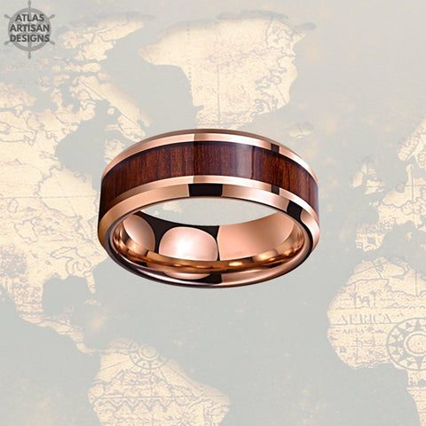 Rose Gold Ring Mens Wedding Band Koa Wood Ring - Atlas Artisan Designs