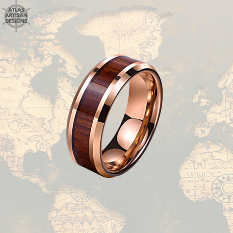 Rose Gold Ring Mens Wedding Band Koa Wood Ring - Atlas Artisan Designs