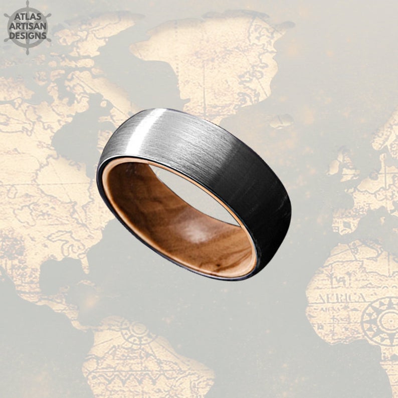 Oak Wood Ring Mens Wedding Band Silver Tungsten Wedding Band - Atlas Artisan Designs