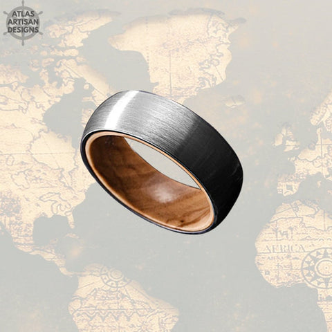 Image of Oak Wood Ring Mens Wedding Band Silver Tungsten Wedding Band - Atlas Artisan Designs
