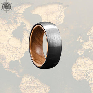 Oak Wood Ring Mens Wedding Band Silver Tungsten Wedding Band - Atlas Artisan Designs