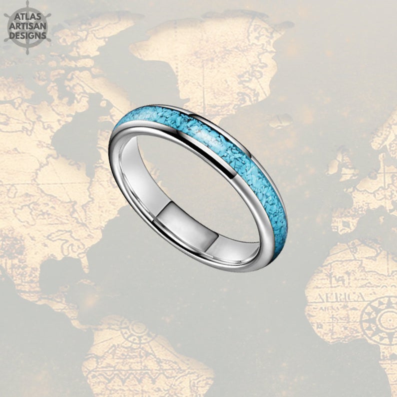4mm Natural Turquoise Ring Mens Wedding Band Tungsten Ring - Atlas Artisan Designs