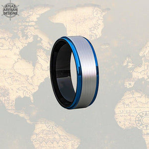 8mm Mens Wedding Band Silver & Blue Tungsten Ring - Atlas Artisan Designs