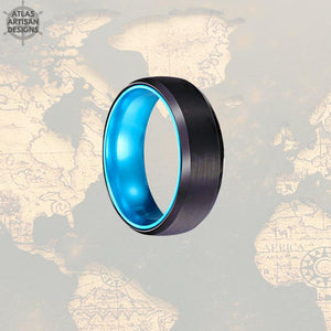 8mm Blue Tungsten Wedding Bands BlackMens Ring - Atlas Artisan Designs