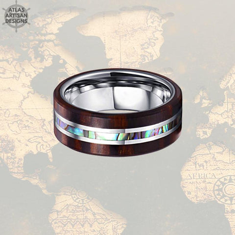 Image of Abalone Ring Mens Wedding Band, Koa Wood Ring Unique Tungsten Ring - Atlas Artisan Designs