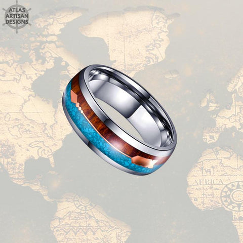 Image of 8mm Koa Wood Wedding Band Natural Turquoise Tungsten Ring Rose Gold Arrow Ring - Atlas Artisan Designs