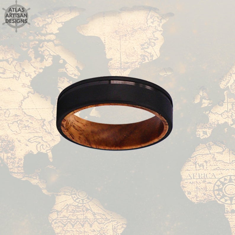 6mm Whiskey Barrel Ring Mens Wedding Band Wood Ring - Atlas Artisan Designs