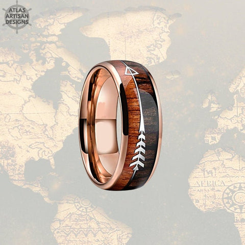 Image of 18K Rose Gold Arrow Ring, Koa Wood Ring Mens Wedding Band Tungsten Ring, Unique Mens Ring, Rose Gold Ring, Wood Wedding Band Mens Ring - Atlas Artisan Designs
