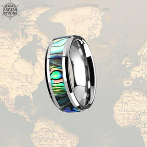 Abalone Ring Mens Wedding Band Tungsten Ring, 8mm Tungsten Wedding Band Mens Ring Abalone Shell Ring Wedding Bands Women, Unique Mens Ring - Atlas Artisan Designs