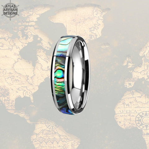 Image of 6mm Abalone Ring Mens Wedding Band Tungsten Ring, Tungsten Wedding Band Mens Ring Abalone Shell Ring Wedding Bands Women, Couples Ring Set - Atlas Artisan Designs