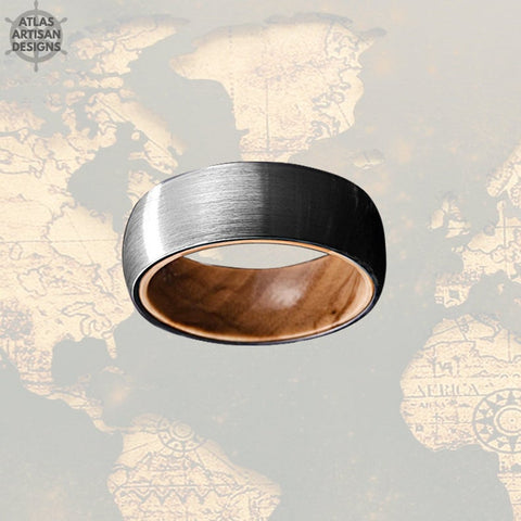 Image of Oak Wood Ring Mens Wedding Band Silver Tungsten Wedding Band - Atlas Artisan Designs
