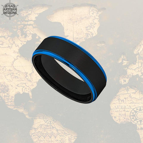 Image of 8mm Mens Wedding Band Black & Blue Tungsten Ring - Atlas Artisan Designs
