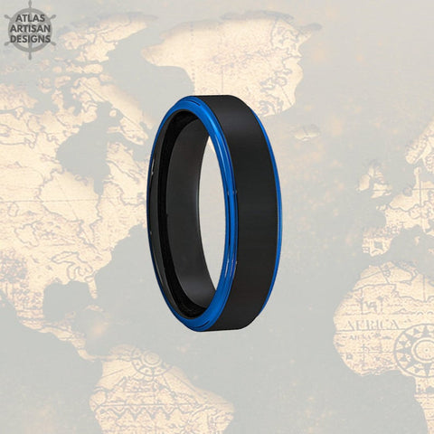 Image of 6mm Tungsten Wedding Band Mens Ring Black & Blue Tungsten Ring - Atlas Artisan Designs