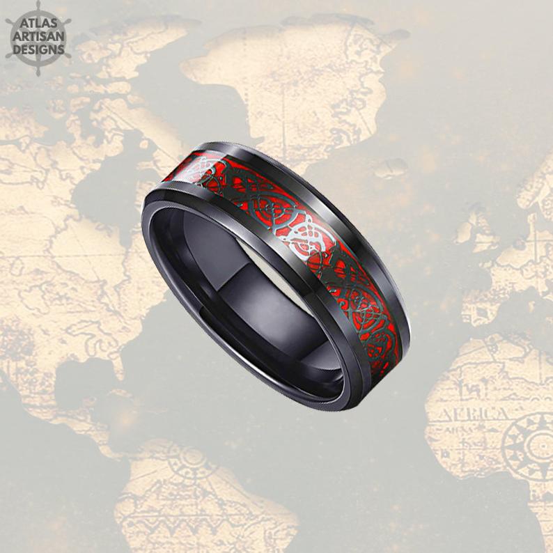 Viking Wedding Band Tungsten Ring, Black Carbon Fiber Ring, Dragon Ring Mens Wedding Band Celtic Ring Tungsten Wedding Band Mens Viking Ring - Atlas Artisan Designs